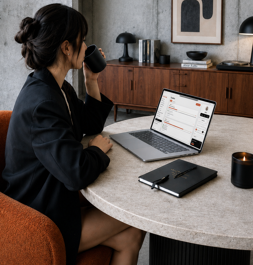 Woman sitting at a desk with a laptop, notebook, and coffee cup in a modern office setting.